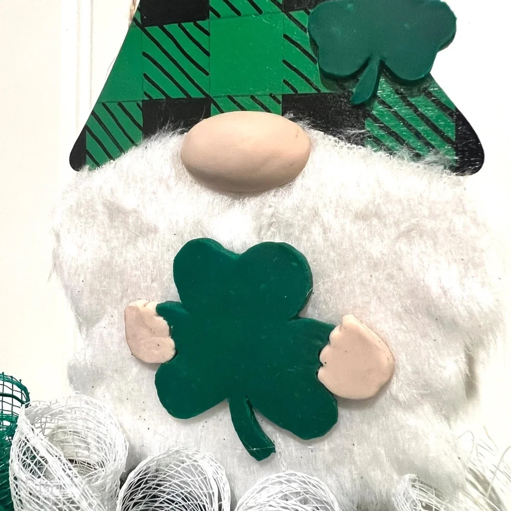 12 inch St. Pats Shamrock Gnome Ribbon, Clay Wreath Rail Handmade/ Painted SPGR1